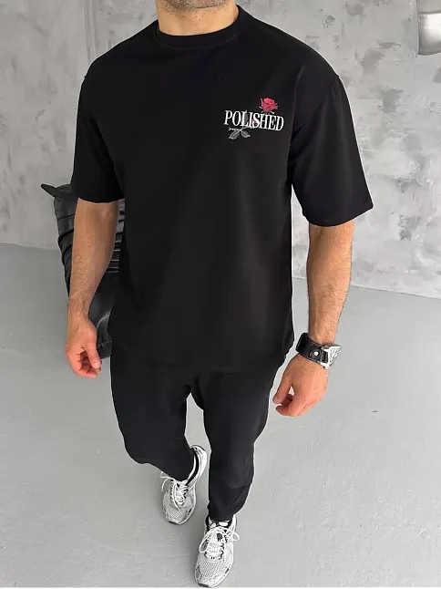 Erkek Kısa Kol Yazlık Tişört Bisiklet Yaka Baskılı Oversize T-shirt - Siyah