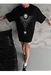 Kadın Bisiklet Yaka Baskılı Oversize  Kısa Kol T-shirt - Siyah