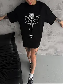 Kadın Bisiklet Yaka Baskılı Oversize  Kısa Kol T-shirt - Siyah