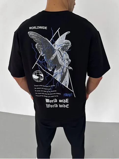 Erkek Baskılı T-shirt Kısa Kol Bisiklet Yaka Regular Fit Rahat Kalıp Günlük Tişört - Siyah