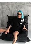 Kadın Bisiklet Yaka Baskılı Oversize  Kısa Kol T-shirt - Siyah
