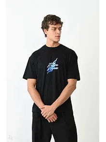 Erkek Kısa Kol Yazlık Tişört Bisiklet Yaka Baskılı Oversize T-shirt - Siyah