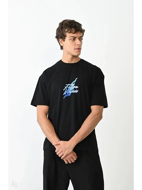 Erkek Kısa Kol Yazlık Tişört Bisiklet Yaka Baskılı Oversize T-shirt - Siyah