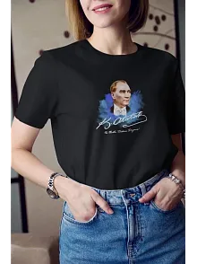 Kadın Kısa Kol Yazlık Tişört Bisiklet Yaka Atatürk Baskılı T-shirt - Siyah