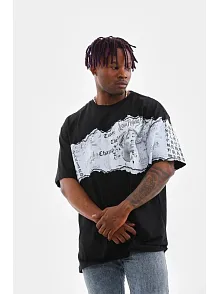 Erkek  Bisiklet Yaka Baskılı Oversize T-shirt - Siyah