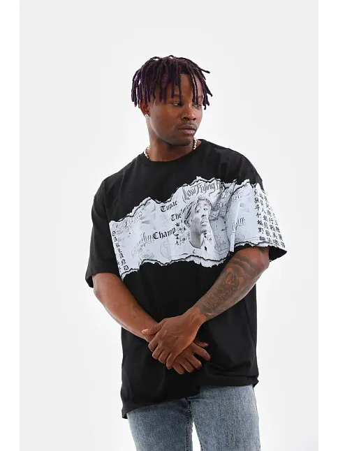 Erkek  Bisiklet Yaka Baskılı Oversize T-shirt - Siyah