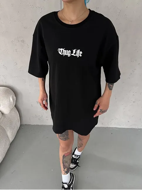Kadın Kısa Kol Yazlık Tişört Bisiklet Yaka Baskılı Oversize T-shirt -  Siyah