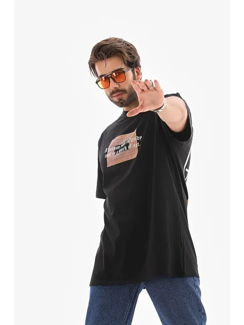 Erkek Baskılı T-shirt Kısa Kol Bisiklet Yaka Regular Fit Rahat Kalıp Tişört -  Siyah