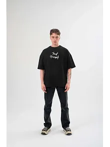 Erkek Kısa Kol Yazlık Tişört Bisiklet Yaka Baskılı Oversize T-shirt - Siyah