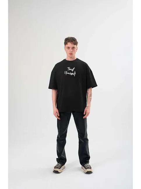 Erkek Kısa Kol Yazlık Tişört Bisiklet Yaka Baskılı Oversize T-shirt - Siyah