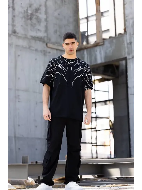 Erkek Yıldırım Şimşek Baskılı T-shirt Kısa Kol Bisiklet Yaka Tişört - Siyah