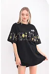 Kadın Kısa Kol Yazlık Tişört Bisiklet Yaka Baskılı Oversize T-shirt - Siyah