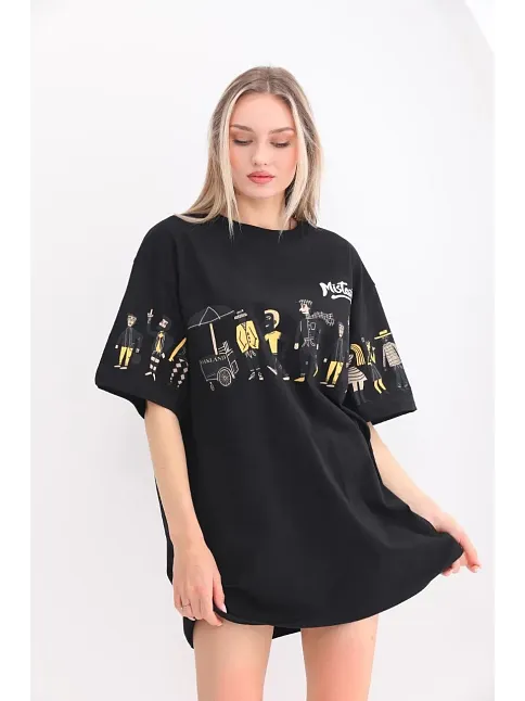 Kadın Kısa Kol Yazlık Tişört Bisiklet Yaka Baskılı Oversize T-shirt - Siyah