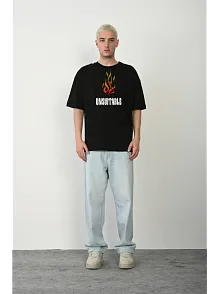 Erkek Baskılı T-shirt Kısa Kol Bisiklet Yaka Regular Fit Rahat Kalıp Günlük Tişört - Siyah