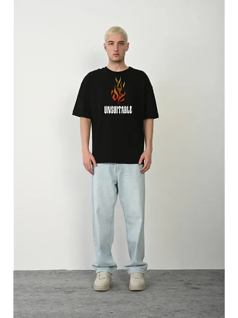 Erkek Baskılı T-shirt Kısa Kol Bisiklet Yaka Regular Fit Rahat Kalıp Günlük Tişört - Siyah