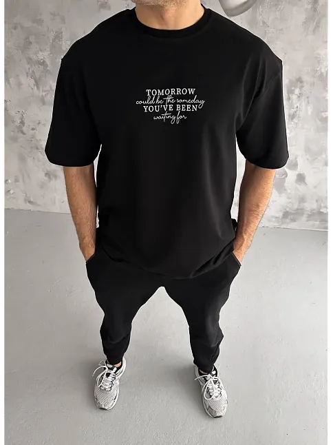 Erkek Kısa Kol Yazlık Tişört Bisiklet Yaka Baskılı Oversize T-shirt - Siyah