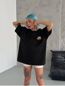 Kadın Baskılı T-shirt Kısa Kol Bisiklet Yaka Oversize Rahat Kalıp Günlük Tişört   - Siyah