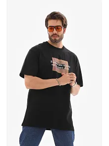 Erkek Baskılı T-shirt Kısa Kol Bisiklet Yaka Regular Fit Rahat Kalıp Tişört -  Siyah