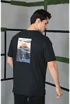 Erkek Kısa Kol Yazlık Tişört Bisiklet Yaka Baskılı Oversize T-shirt - Siyah