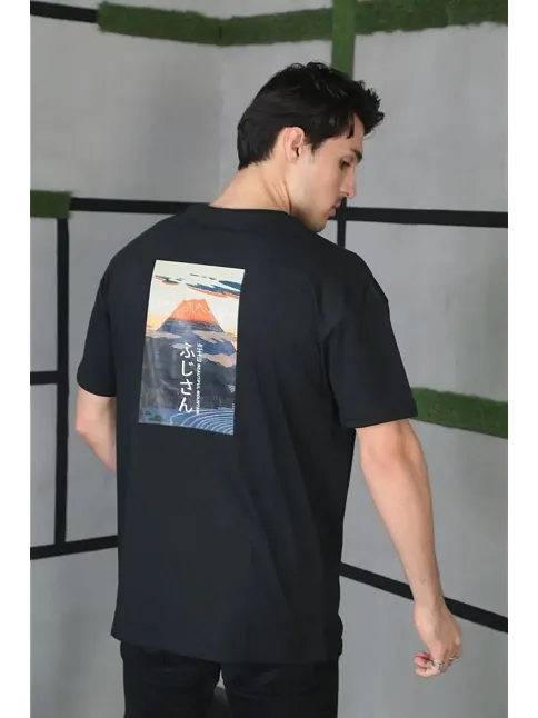 Erkek Kısa Kol Yazlık Tişört Bisiklet Yaka Baskılı Oversize T-shirt - Siyah