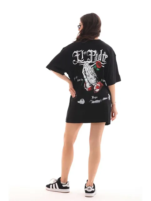 Kadın Kısa Kol Yazlık Tişört Bisiklet Yaka Baskılı Oversize T-shirt - Siyah