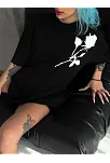 Kadın Bisiklet Yaka Baskılı Oversize  Kısa Kol T-shirt - Siyah