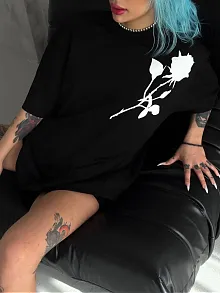 Kadın Bisiklet Yaka Baskılı Oversize  Kısa Kol T-shirt - Siyah