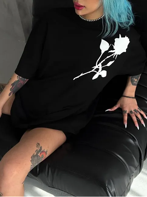 Kadın Bisiklet Yaka Baskılı Oversize  Kısa Kol T-shirt - Siyah