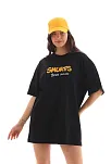 Kadın Kısa Kol Yazlık Tişört Bisiklet Yaka Baskılı Oversize T-shirt - Siyah