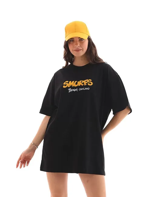 Kadın Kısa Kol Yazlık Tişört Bisiklet Yaka Baskılı Oversize T-shirt - Siyah