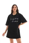 Kadın Kısa Kol Yazlık Tişört Bisiklet Yaka Baskılı Oversize T-shirt - Siyah