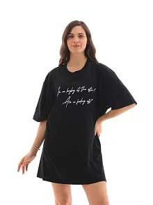 Kadın Kısa Kol Yazlık Tişört Bisiklet Yaka Baskılı Oversize T-shirt - Siyah