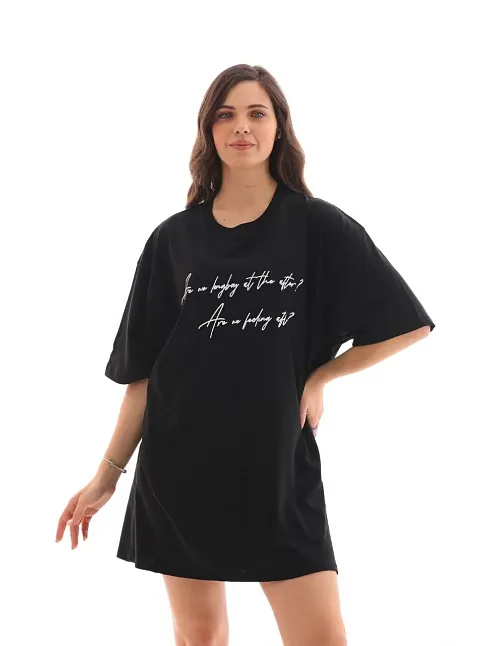 Kadın Kısa Kol Yazlık Tişört Bisiklet Yaka Baskılı Oversize T-shirt - Siyah