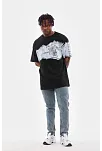 Erkek  Bisiklet Yaka Baskılı Oversize T-shirt - Siyah