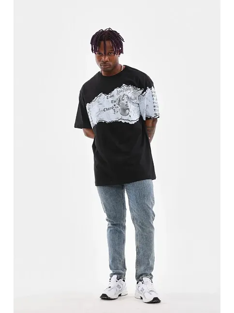 Erkek  Bisiklet Yaka Baskılı Oversize T-shirt - Siyah