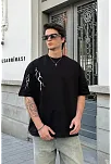Erkek Kısa Kol Tişört Bisiklet Yaka Yıldırım Baskılı Oversize T-shirt - Siyah