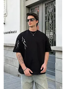 Erkek Kısa Kol Tişört Bisiklet Yaka Yıldırım Baskılı Oversize T-shirt - Siyah