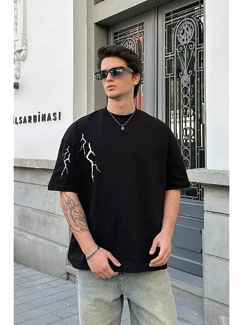 Erkek Kısa Kol Tişört Bisiklet Yaka Yıldırım Baskılı Oversize T-shirt - Siyah