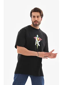 Erkek Baskılı T-shirt Kısa Kol Bisiklet Yaka Regular Fit Rahat Kalıp Tişört -  Siyah