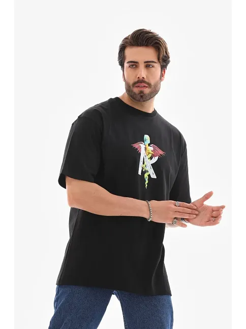 Erkek Baskılı T-shirt Kısa Kol Bisiklet Yaka Regular Fit Rahat Kalıp Tişört -  Siyah