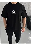 Erkek Kısa Kol Tişört Bisiklet Yaka Yonca Baskılı Oversize T-shirt - Siyah