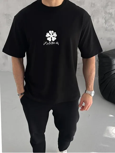 Erkek Kısa Kol Tişört Bisiklet Yaka Yonca Baskılı Oversize T-shirt - Siyah