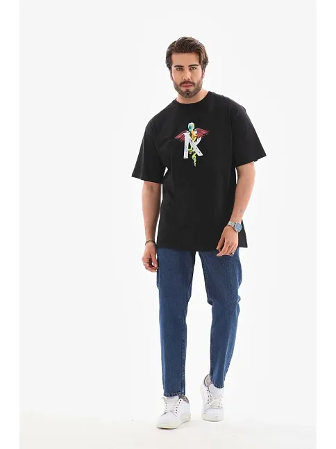 Erkek Baskılı T-shirt Kısa Kol Bisiklet Yaka Regular Fit Rahat Kalıp Tişört -  Siyah