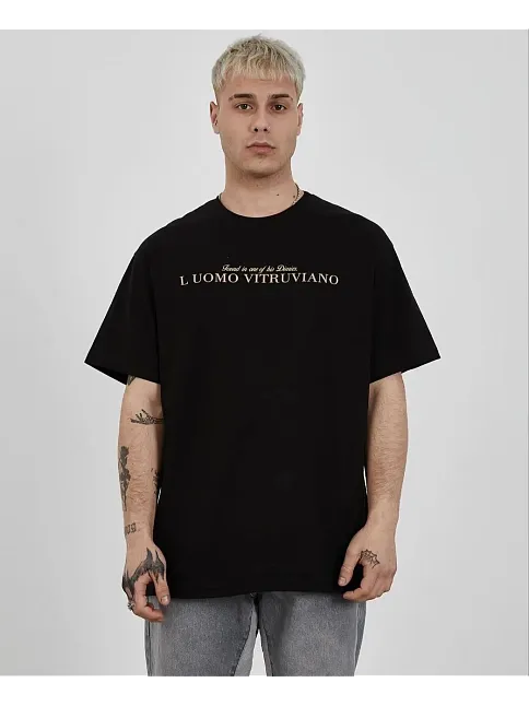 Erkek Bisiklet Yaka Tişort Baskılı Oversize Kısa Kol T-shirt - Siyah