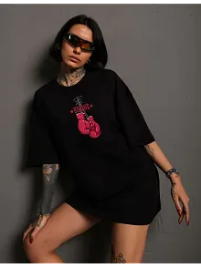 Kadın Kısa Kol Tişört Bisiklet Yaka Boxy Eldiven Baskılı T-shirt - Siyah