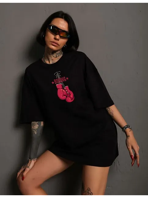 Kadın Kısa Kol Tişört Bisiklet Yaka Boxy Eldiven Baskılı T-shirt - Siyah