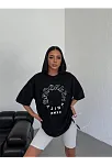 Kadın Baskılı T-shirt Kısa Kol Bisiklet Yaka Oversize Rahat Kalıp Günlük Tişört - Siyah
