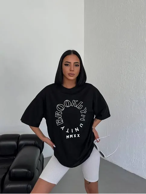 Kadın Baskılı T-shirt Kısa Kol Bisiklet Yaka Oversize Rahat Kalıp Günlük Tişört - Siyah