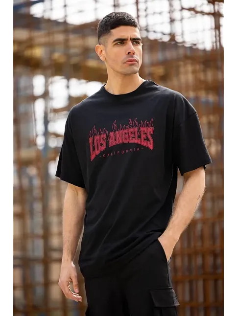 Erkek Kısa Kol Tişört Bisiklet Yaka Los Angeles  Baskılı T-shirt - Siyah