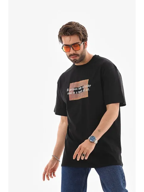 Erkek Baskılı T-shirt Kısa Kol Bisiklet Yaka Regular Fit Rahat Kalıp Tişört -  Siyah